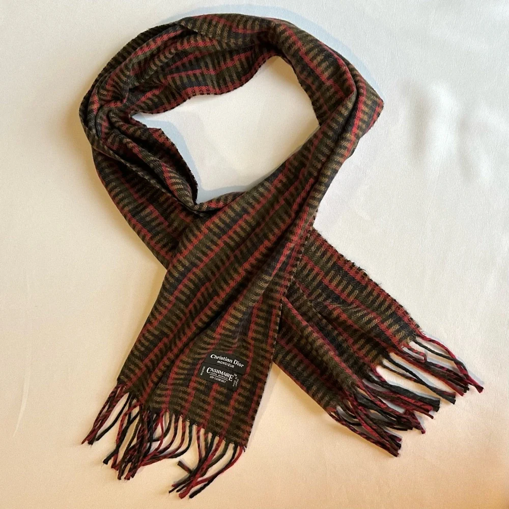 VTG Christian Dior Monsieur Unisex Scarf CASHMAIRE Acrylic Brown Fringe Japan